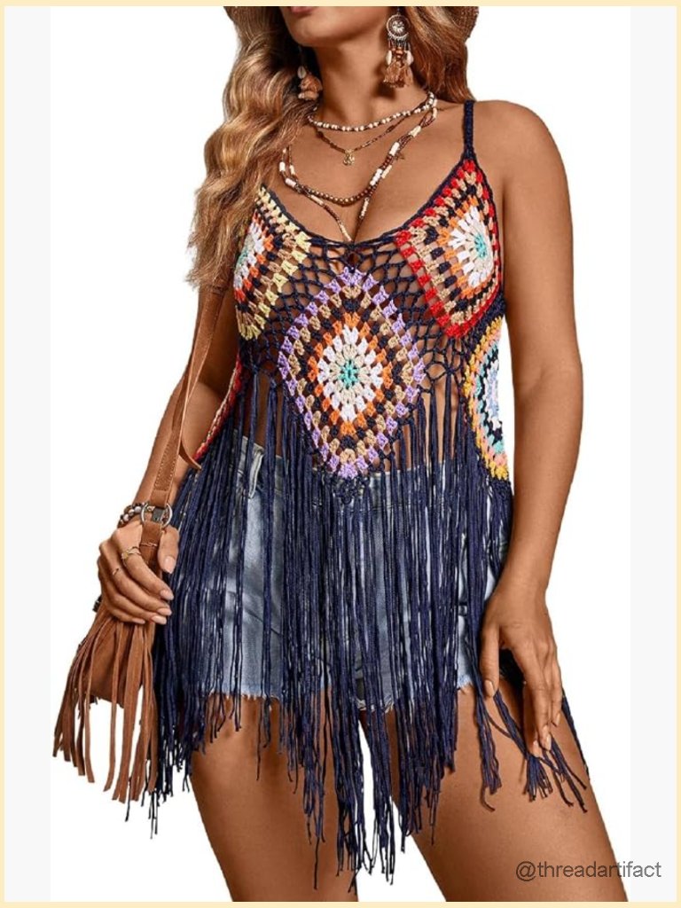 Plus Size Floral Crochet Cami Top Hollow Out Fringe Sleeveless Cover Up